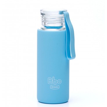 BOTELLA DE VIDRIO DE BOROSILICATO CON FUNDA DE SILICONA, REUTILIZABLE, 330 ML.